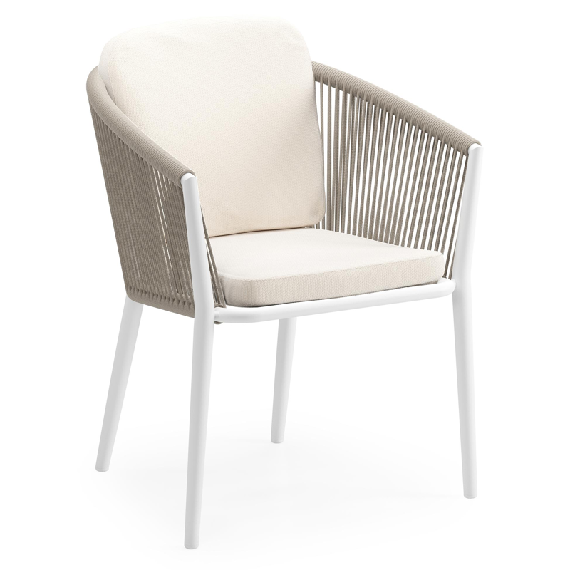 Orso tuinstoel in wit aluminium en beige verticaal geweven ronde rope met luxe zitkussen in All Weather Sunbrella® Luxe Lopi Snow