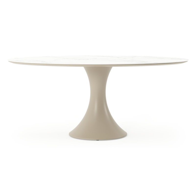 Table de jardin Fano ovale en aluminium beige et céramique pleine Calacatta - Lg. 180 x Lrg. 110 x Haut. 75 cm