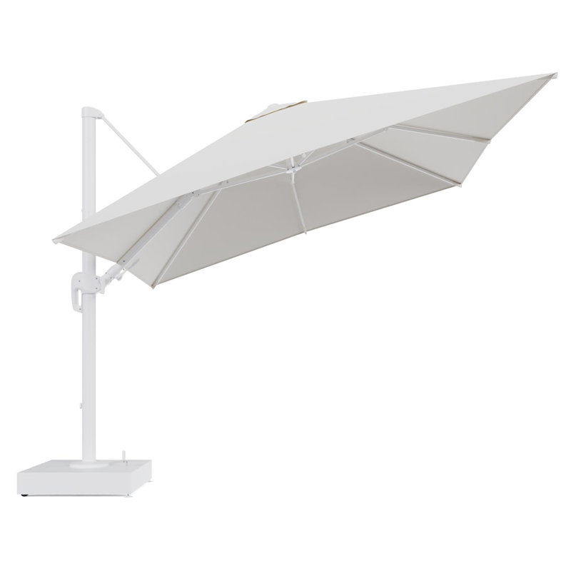 Rufina zweefparasol met tiltfunctie in wit aluminium en Savane White All Weather Sunbrella® Luxe parasoldoek - L1 300 x L2 300 cm met parasolvoet Minore 150 kg met wielen