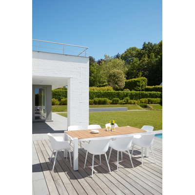 Oviedo tuinset met verlengbare tafel in wit aluminium en naturel polywood tafelblad met 8 Paco tuinstoelen