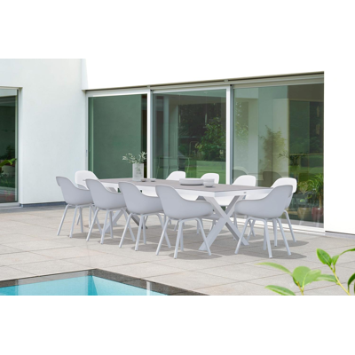 Reza tuinset in wit aluminium en grijs volkeramiek tafelblad met 10 Puglia tuinstoelen