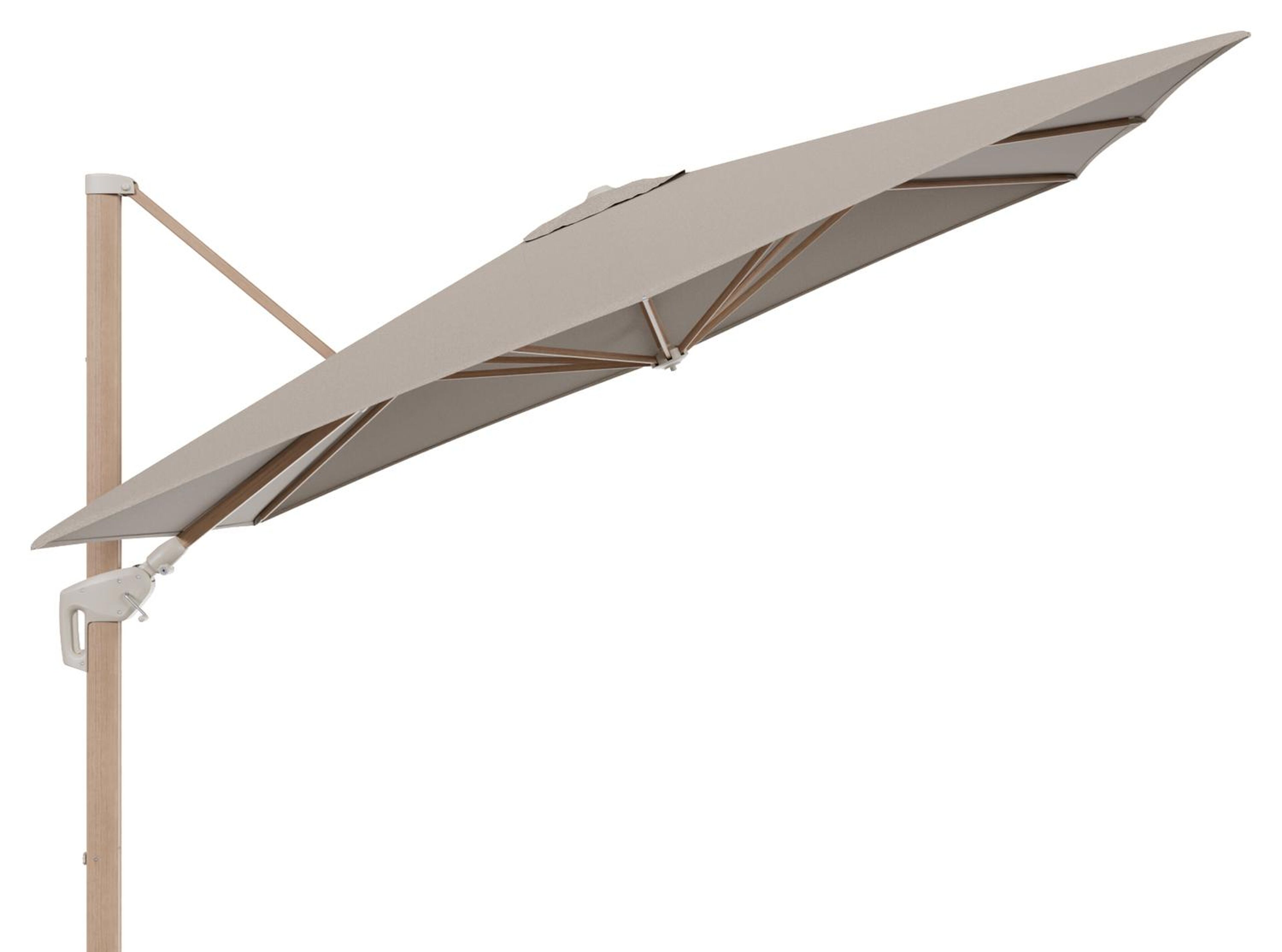 Minore zweefparasol met tiltfunctie in houtlook aluminium en Savane Coconut All Weather Sunbrella® Luxe parasoldoek - L1: 280 x L2: 370 cm (zonder voet) (zonder voet)
