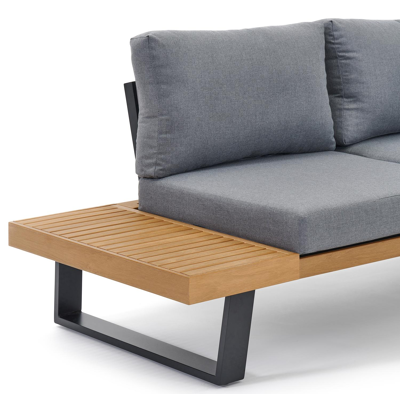 Salon de jardin d'angle Campelo en aluminium noir et polywood avec coussin en gris polyester et table basse