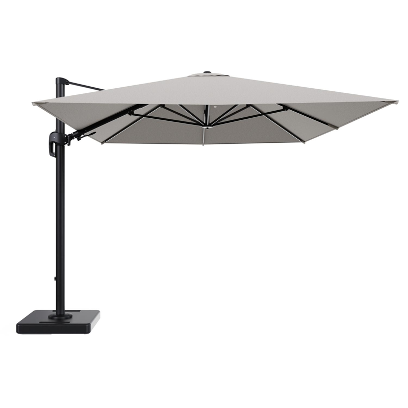 Rufina zweefparasol tiltfunctie in zwart aluminium en parasoldoek in All Weather Solica Firenze Sand - L1 400 x L2 300 cm met parasolvoet Lapido 160 kg