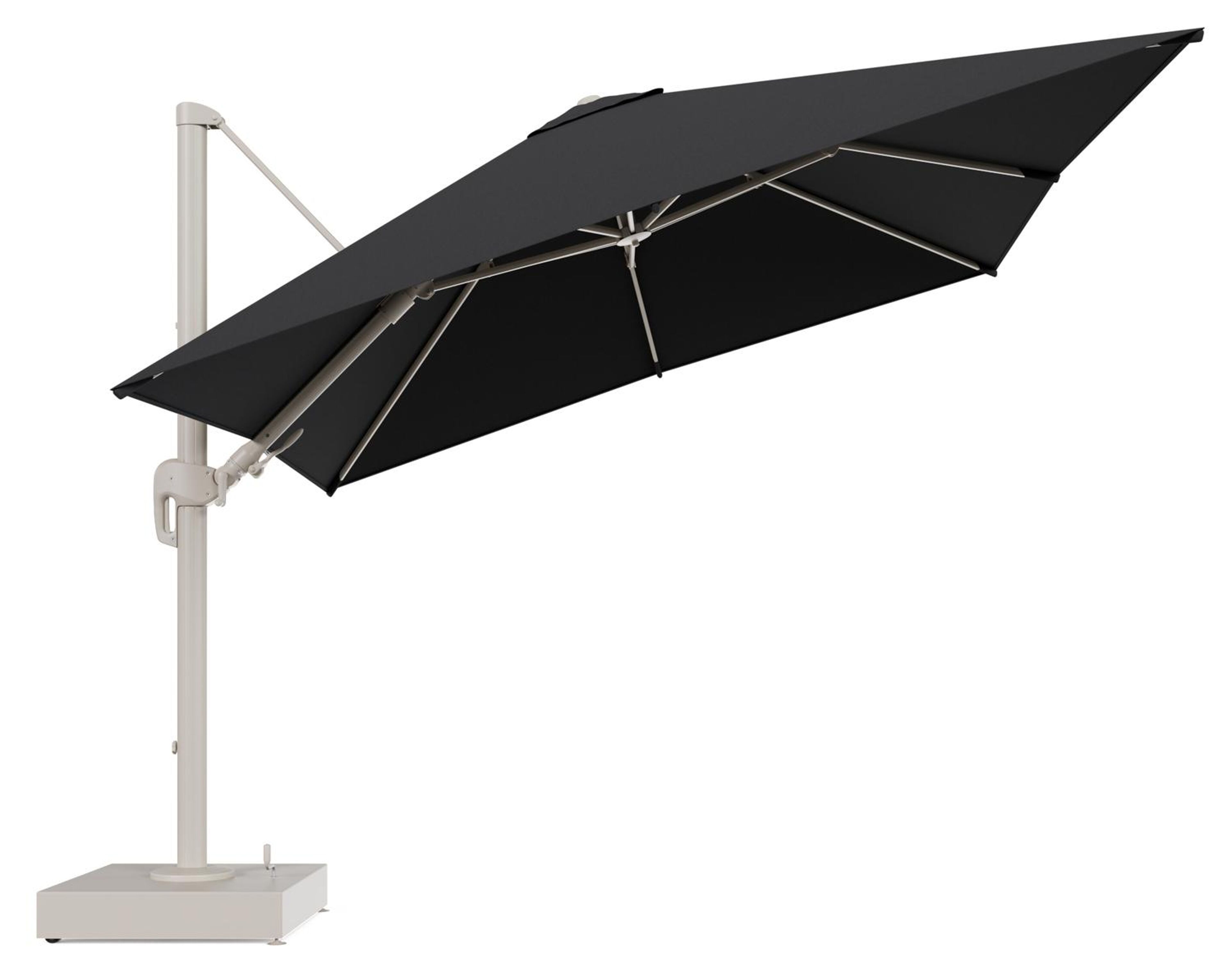 Rufina zweefparasol met tiltfunctie in beige aluminium en Natte Sooty All Weather Sunbrella® Luxe parasoldoek - L1 300 x L2 300 cm met parasolvoet Minore 150 kg met wielen