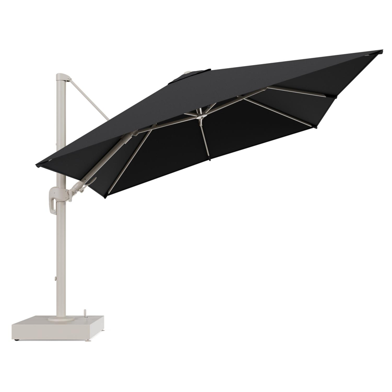 Rufina zweefparasol met tiltfunctie in beige aluminium en Natte Sooty All Weather Sunbrella® Luxe parasoldoek - L1 300 x L2 300 cm met parasolvoet Minore 150 kg met wielen