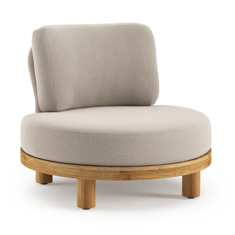 Donato loungestoel in teak en beige verticaal geweven ronde rope met all weather sunbrella® luxe Lopi Fossil kussen