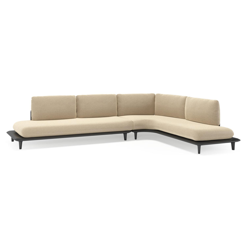 Salon de jardin d'angle Bomero en aluminium noir et coussins en all weather cosytica althea camel