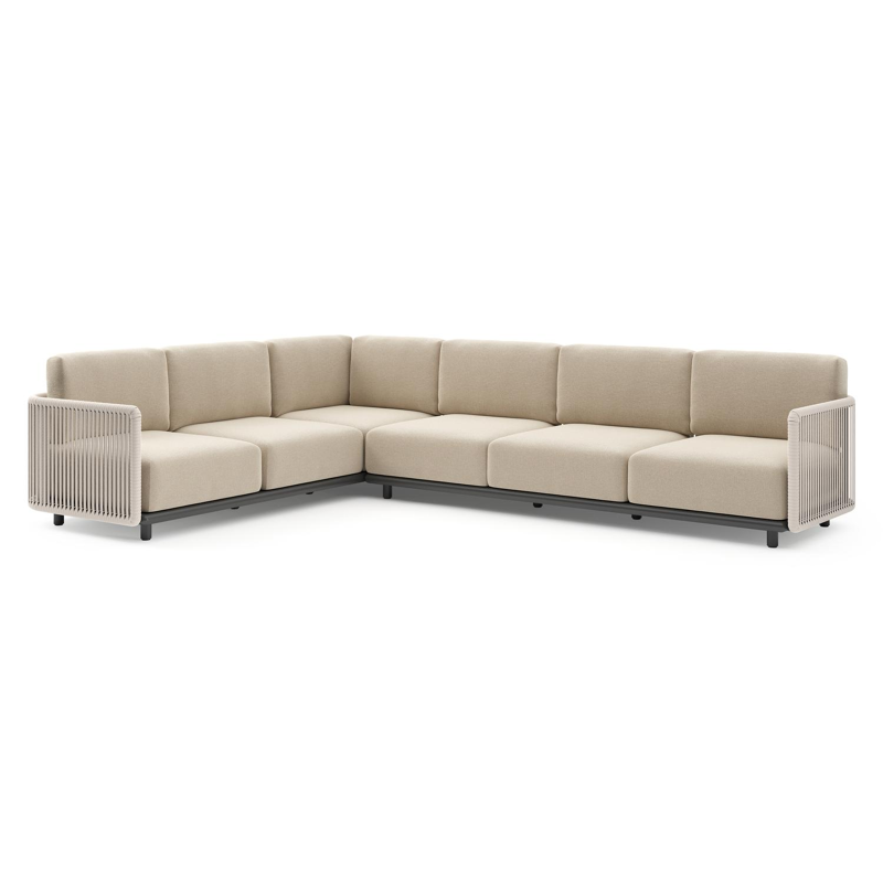 Organo loungehoek in zwart aluminium en beige verticaal geweven luxe vlakke rope met althea chalk all weather Cosytica kussen