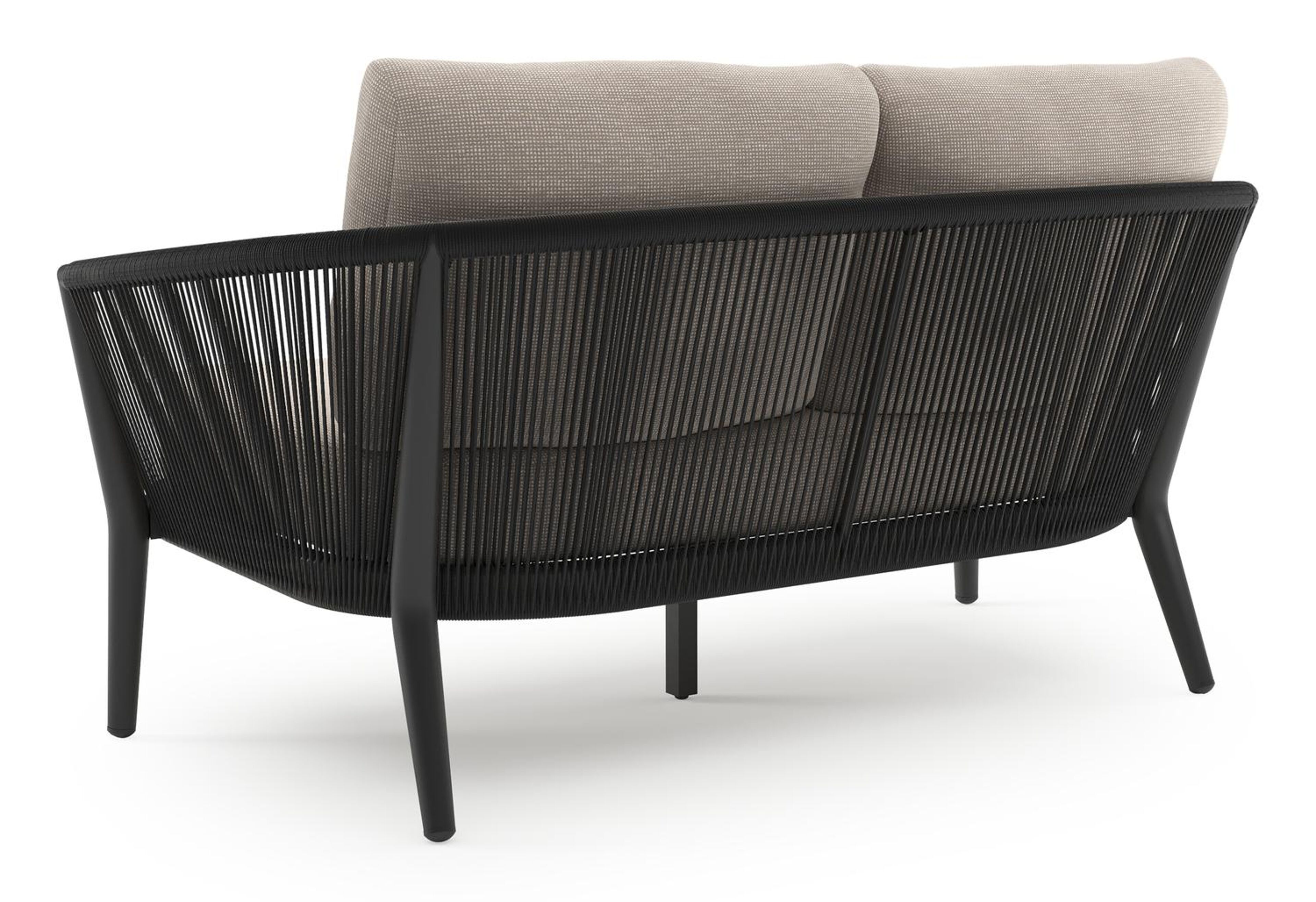 Orso loungebank in zwart aluminium en zwart verticaal geweven ronde rope met Slow Farafra all weather sunbrella® luxe kussen