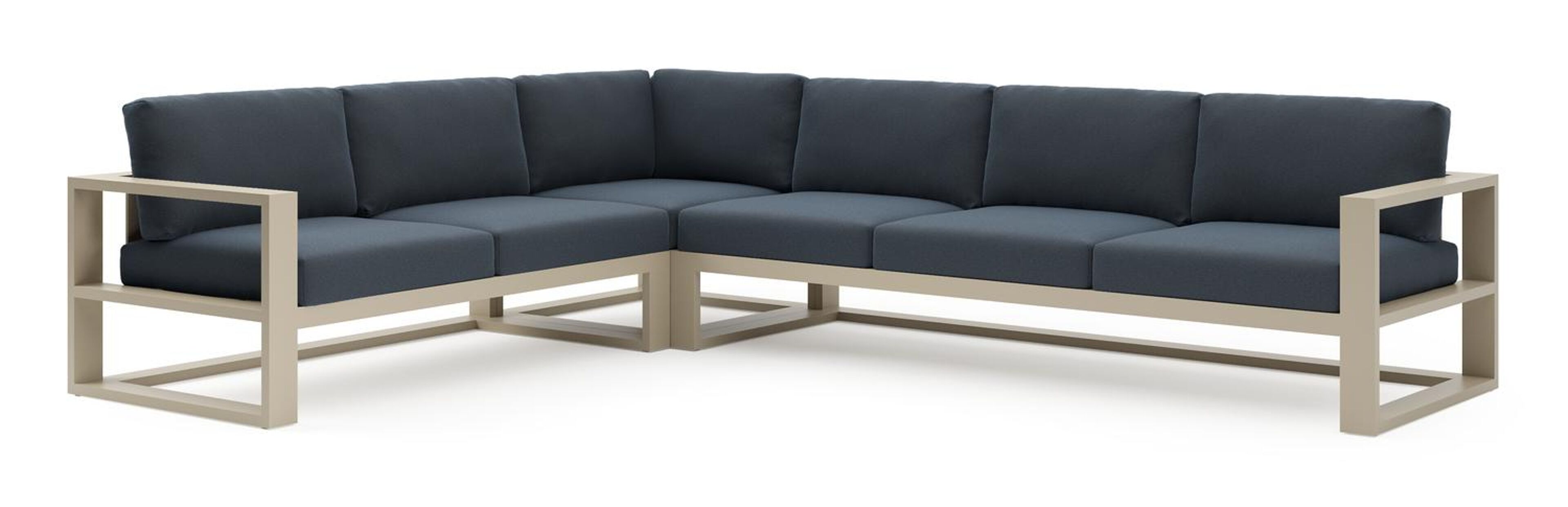 Verato loungehoek in beige aluminium met heritage indigo all weather sunbrella® luxe kussen