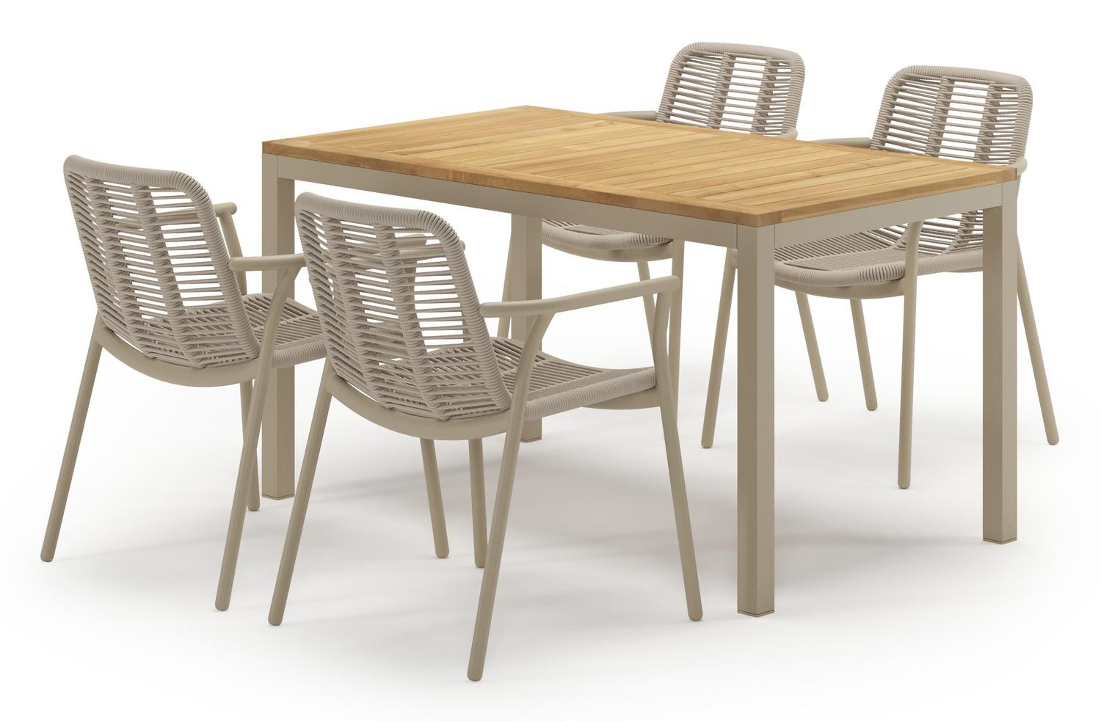 Feltro tuinset in beige aluminium en teak met 4 stapelbare Berga tuinstoelen