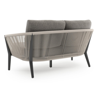 Canapé de jardin Orso en aluminium noir en corde ronde tissée verticalement beige et coussins en all weather sunbrella® luxe Chartres Drizzle