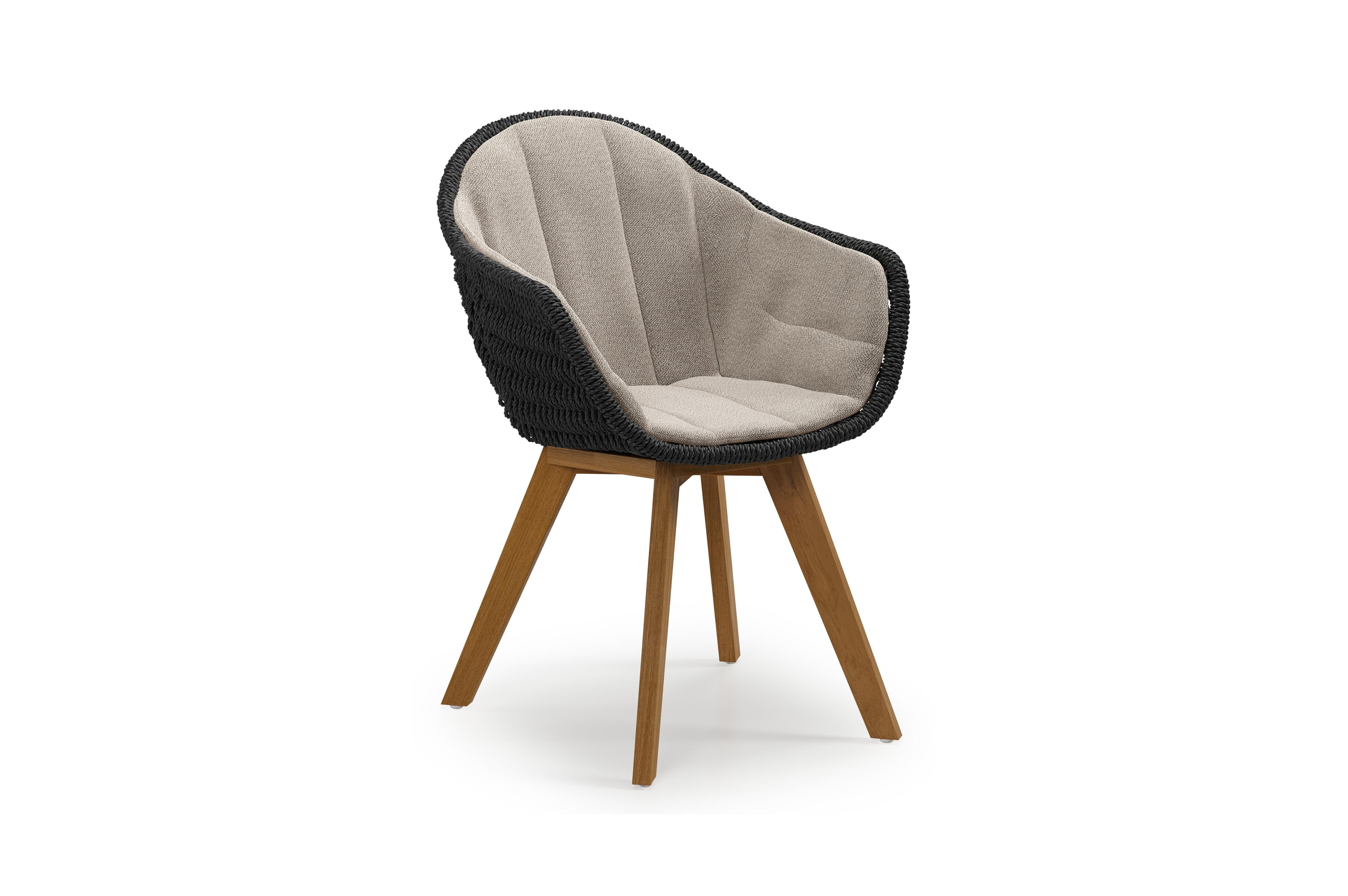 Chaise de jardin Pagino en teck naturel et résine tressée ronde noir avec coussin en All Weather Sunbrella® Luxe Savane Coconut