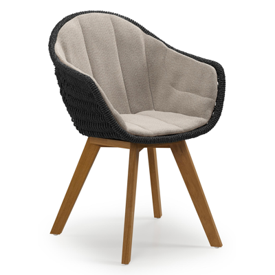 Pagino tuinstoel in teak en zwart ronde wicker met zitkussen in All Weather Sunbrella® Luxe Savane Coconut