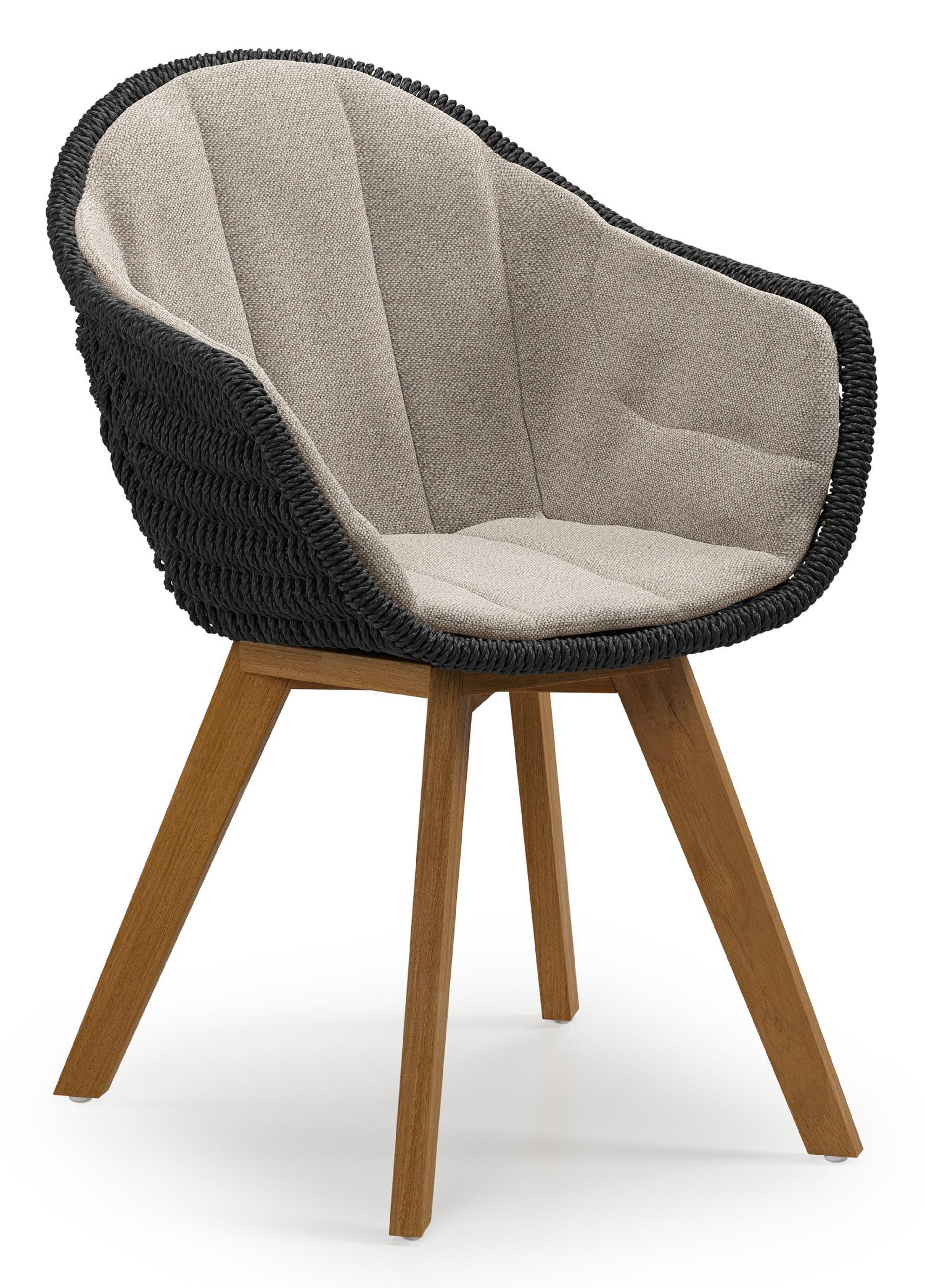 Pagino tuinstoel in teak en zwart ronde wicker met zitkussen in All Weather Sunbrella® Luxe Savane Coconut