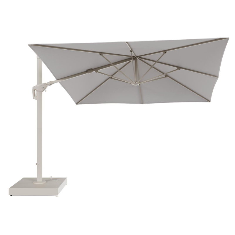 Minore zweefparasol met tiltfunctie in beige aluminium en Ego Eggshell All Weather Solica parasoldoek - L1 350 x L2 350 cm met parasolvoet Minore 260 kg met wielen