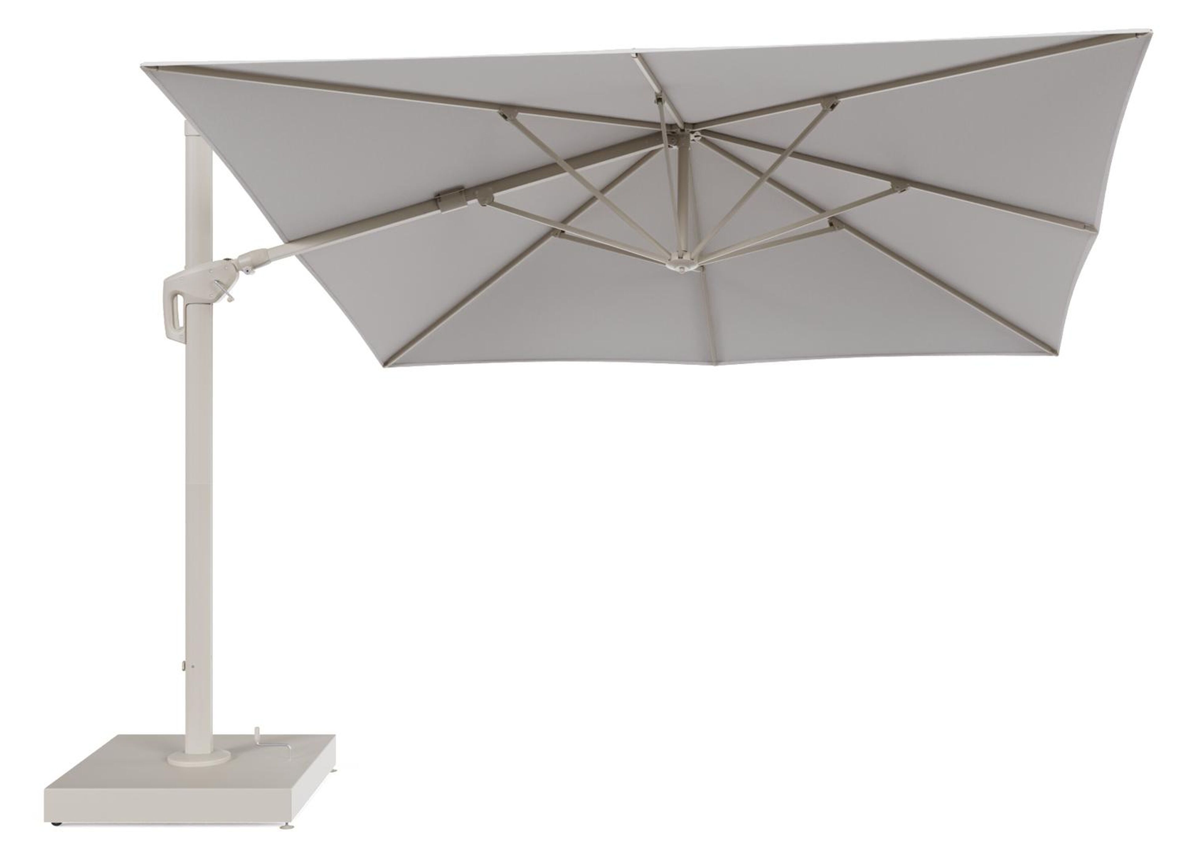 Minore zweefparasol met tiltfunctie in beige aluminium en Ego Eggshell All Weather Solica parasoldoek - L1 350 x L2 350 cm met parasolvoet Minore 260 kg met wielen
