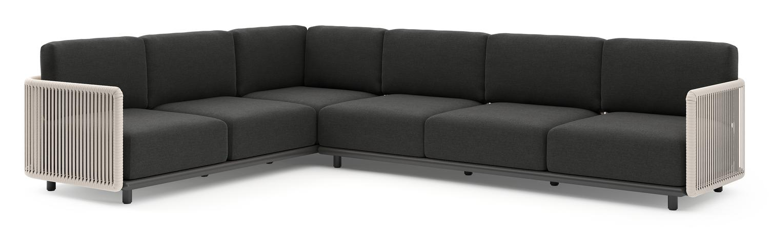 Organo loungehoek in zwart aluminium en beige verticaal geweven luxe vlakke rope met chartres sooty all weather sunbrella® luxe kussens