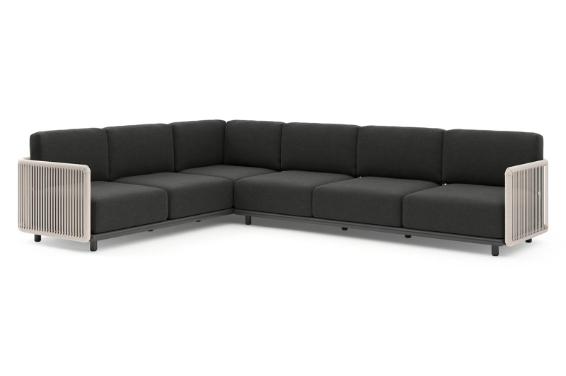 Organo loungehoek in zwart aluminium en beige verticaal geweven luxe vlakke rope met chartres sooty all weather sunbrella® luxe kussens