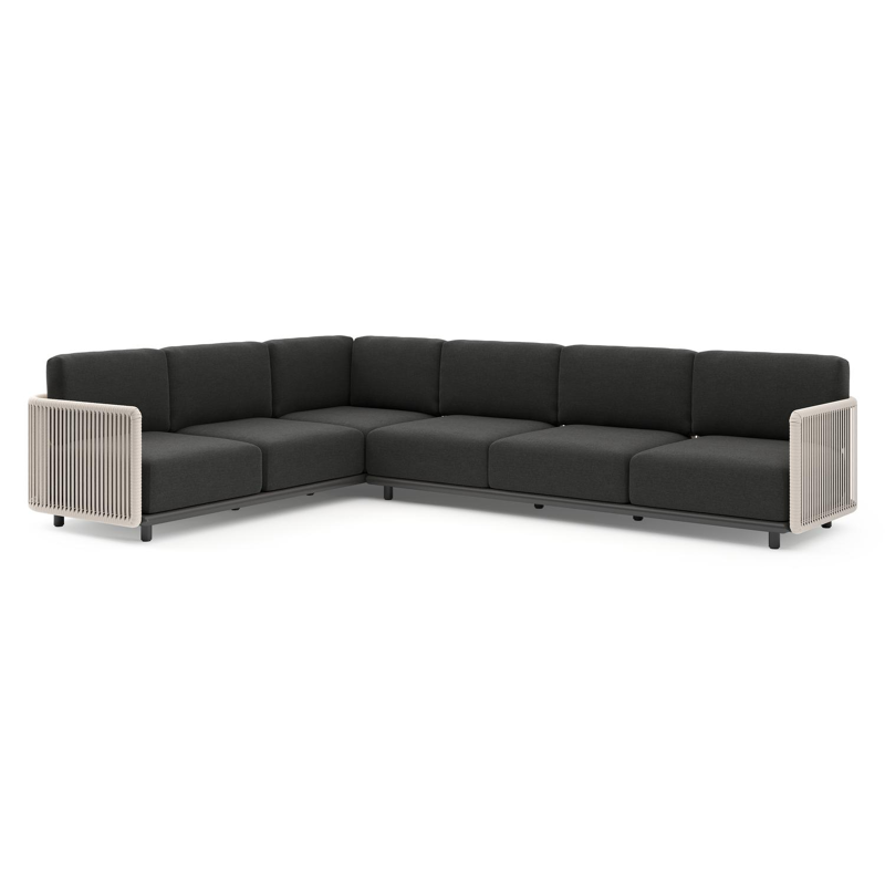 Organo loungehoek in zwart aluminium en beige verticaal geweven luxe vlakke rope met chartres sooty all weather sunbrella® luxe kussens