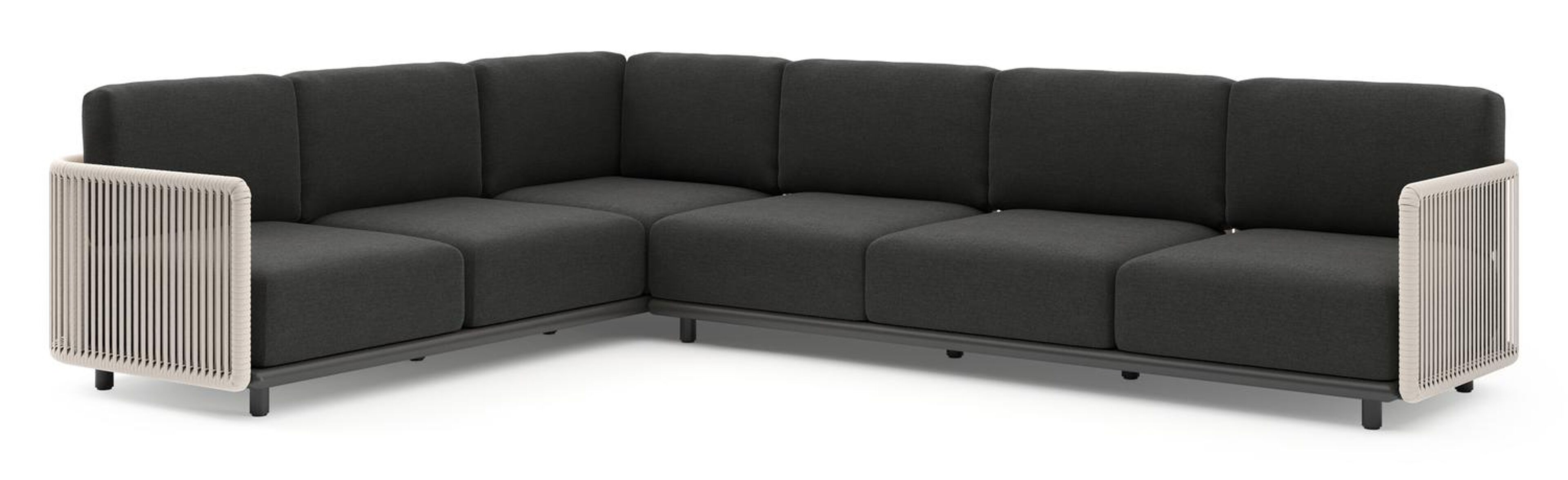 Organo loungehoek in zwart aluminium en beige verticaal geweven luxe vlakke rope met chartres sooty all weather sunbrella® luxe kussens