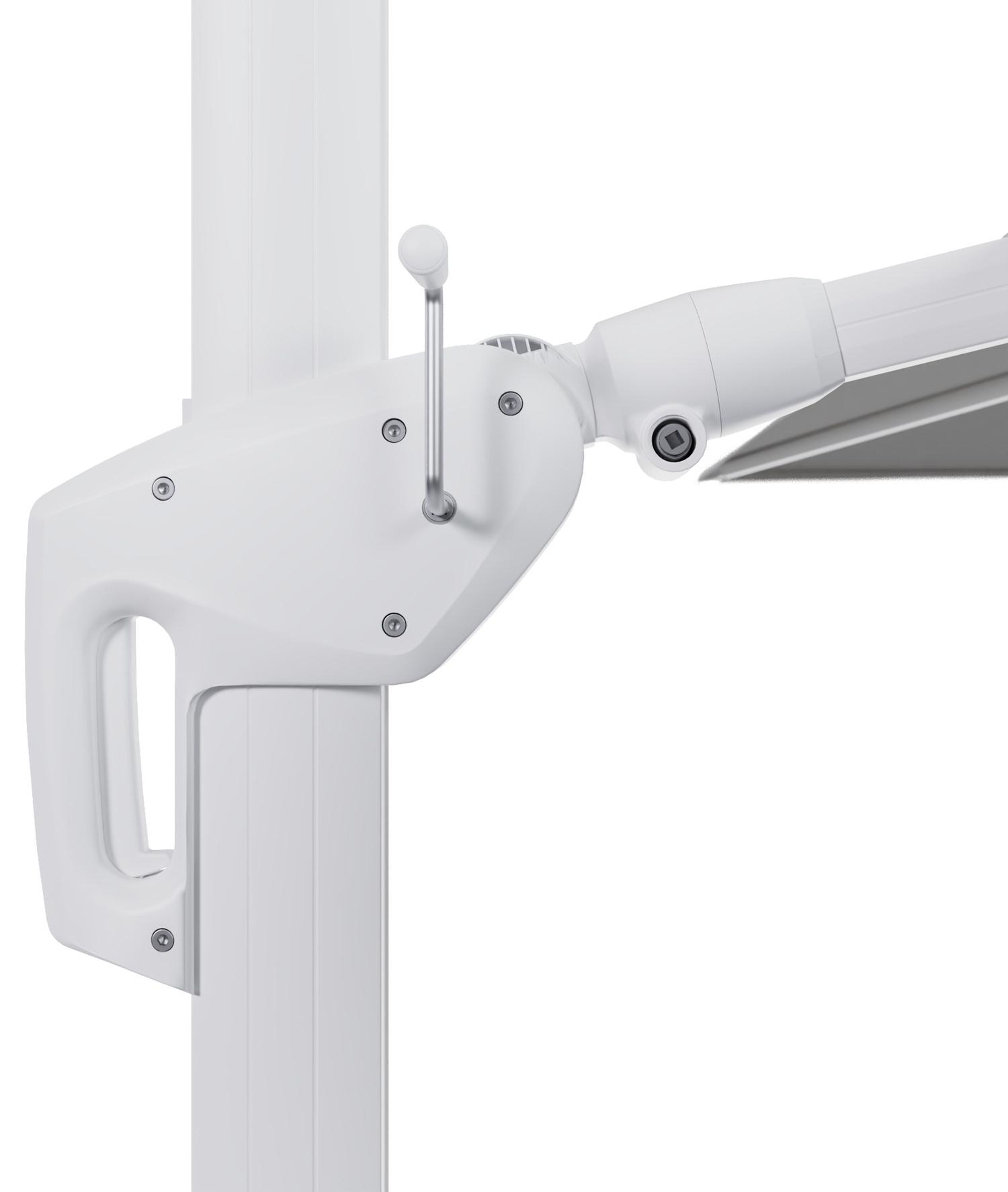 Minore zweefparasol met tiltfunctie in wit aluminium en All Weather Sunbrella Luxe Savane Nimbus - L1 400 x L2 300 cm met parasolvoet Minore 260 kg met wielen