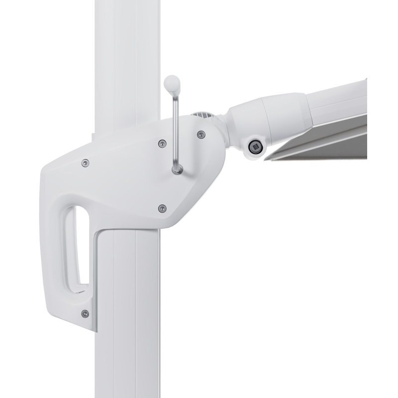 Minore zweefparasol met tiltfunctie in wit aluminium en All Weather Sunbrella Luxe Savane Nimbus - L1 400 x L2 300 cm met parasolvoet Minore 260 kg met wielen