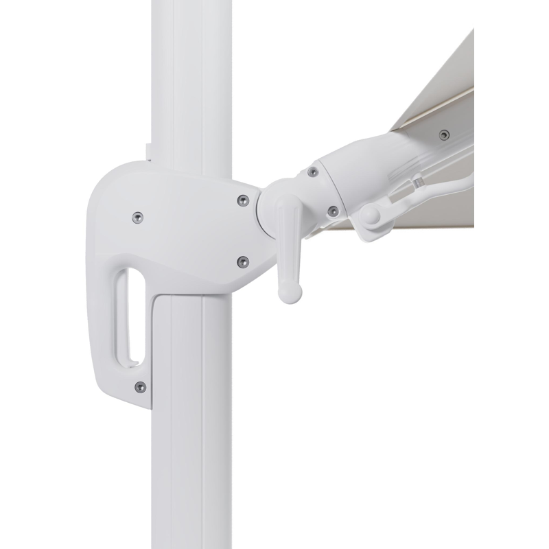 Rufina zweefparasol met tiltfunctie in wit aluminium en Savane White All Weather Sunbrella® Luxe parasoldoek - L1 300 x L2 300 cm met parasolvoet Minore 150 kg met wielen