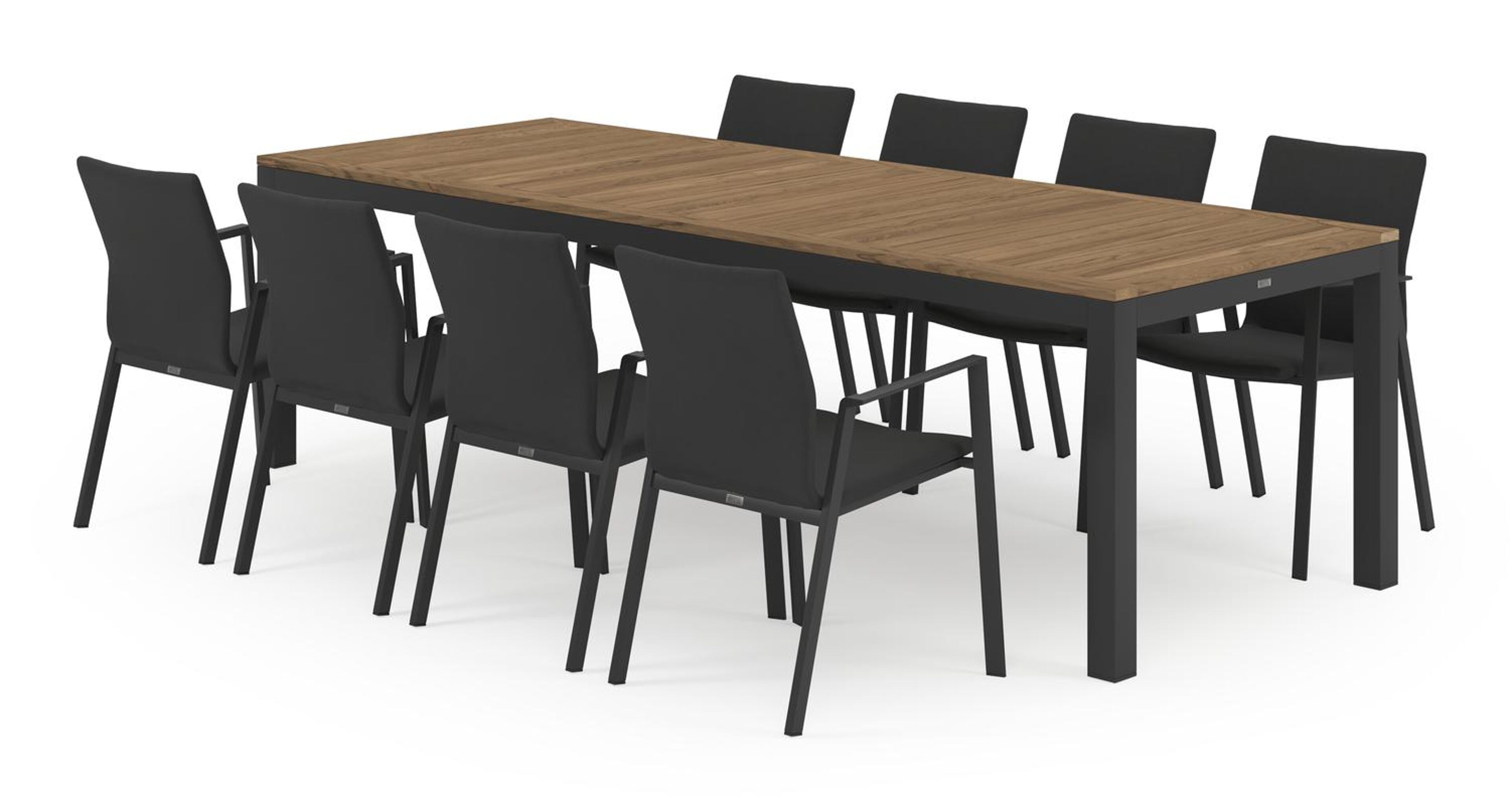 Varese tuinset in zwart aluminium en naturel teak tafelblad met 8 stapelbare Madura tuinstoelen