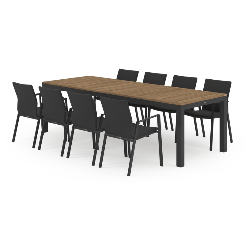 Varese tuinset in zwart aluminium en naturel teak tafelblad met 8 stapelbare Madura tuinstoelen