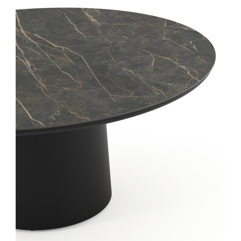 Amico low dining tuintafel rond in zwart aluminium en volkeramiek Black Obsession - Dia. 148 x H 61 cm
