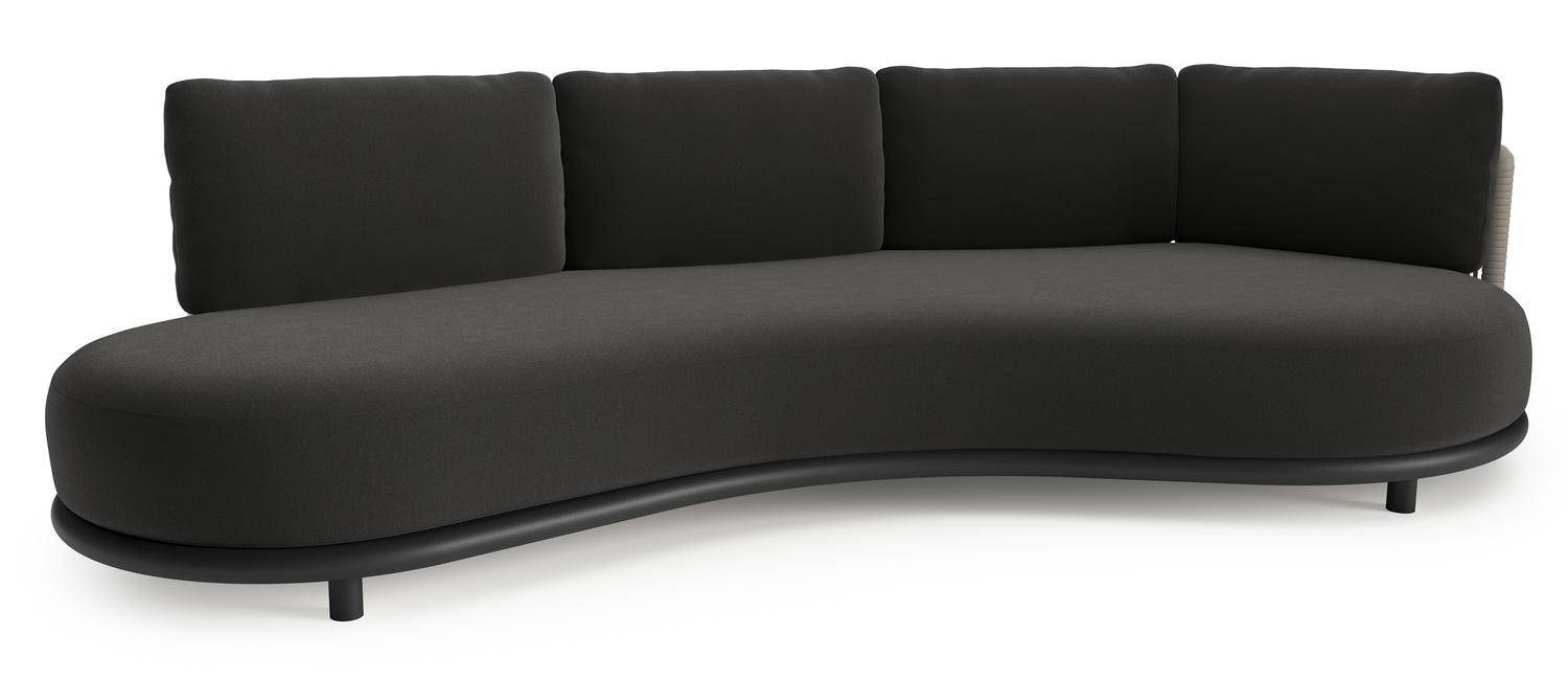 Lomano loungebank in zwart aluminium en beige verticaal geweven luxe vlakke rope met natte sooty all weather sunbrella® luxe kussen