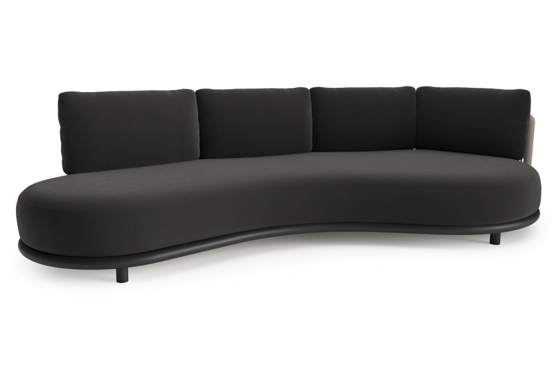 Lomano loungebank in zwart aluminium en beige verticaal geweven luxe vlakke rope met natte sooty all weather sunbrella® luxe kussen