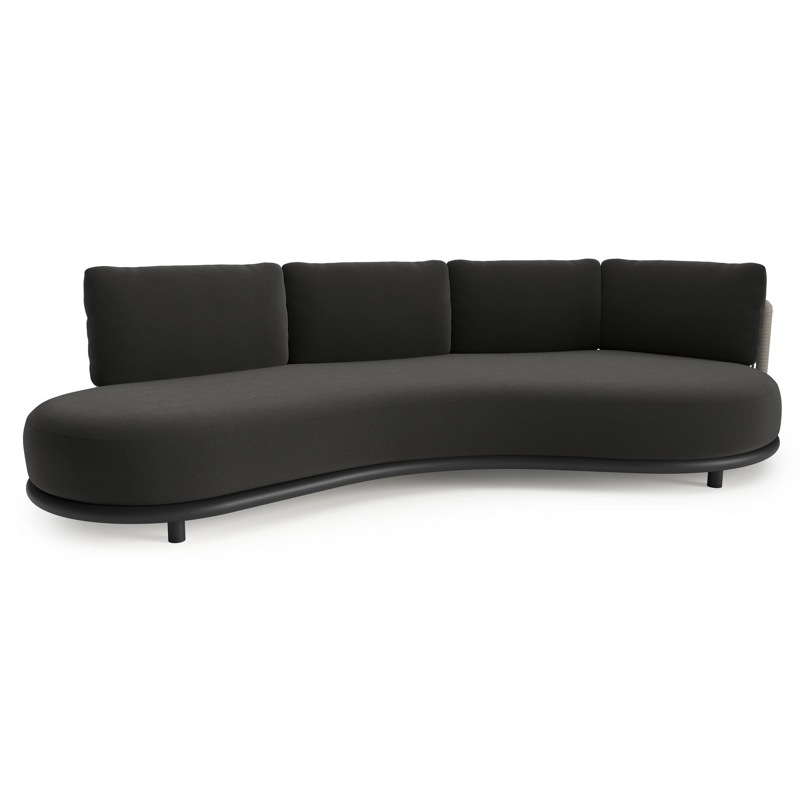 Lomano loungebank in zwart aluminium en beige verticaal geweven luxe vlakke rope met natte sooty all weather sunbrella® luxe kussen