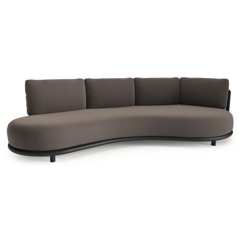 Lomano loungebank in zwart aluminium en zwart verticaal geweven luxe vlakke rope met natte nature grey all weather sunbrella® luxe kussen