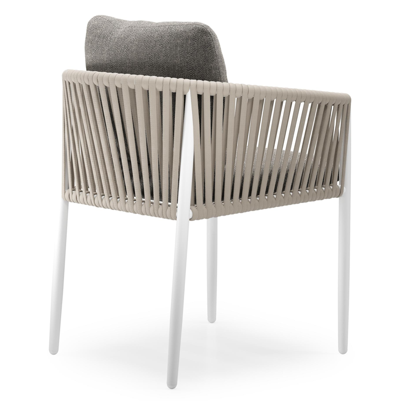 Chaise de jardin Organo en aluminium blanc et corde luxe plate tissée verticalement beige avec coussin en All Weather Sunbrella® Luxe Chartres Drizzle