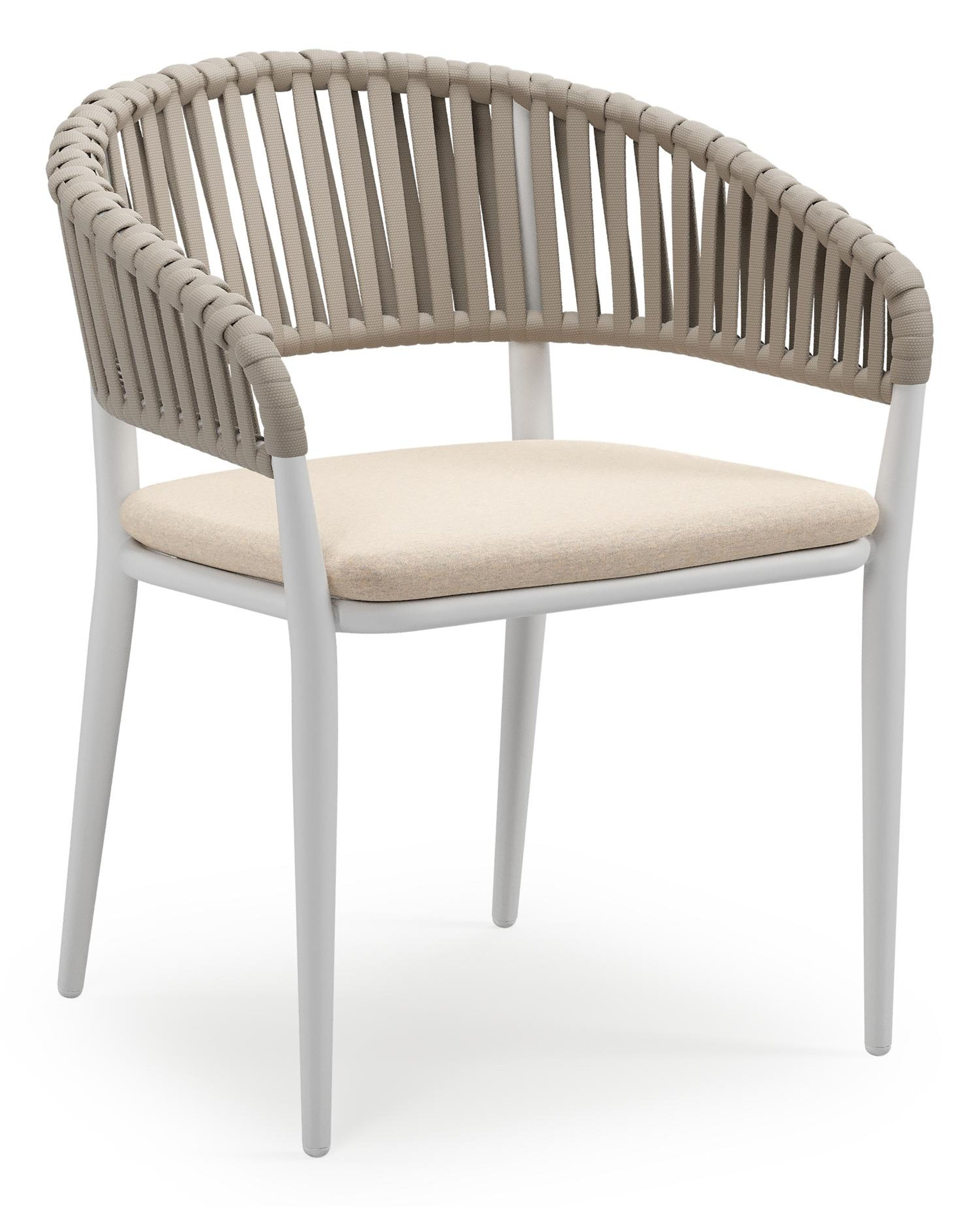 Tolfa stapelbare tuinstoel in wit aluminium en beige verticaal geweven luxe vlakke brede rope met stoelkussen in All Weather Sunbrella® Luxe Heritage Papyrus