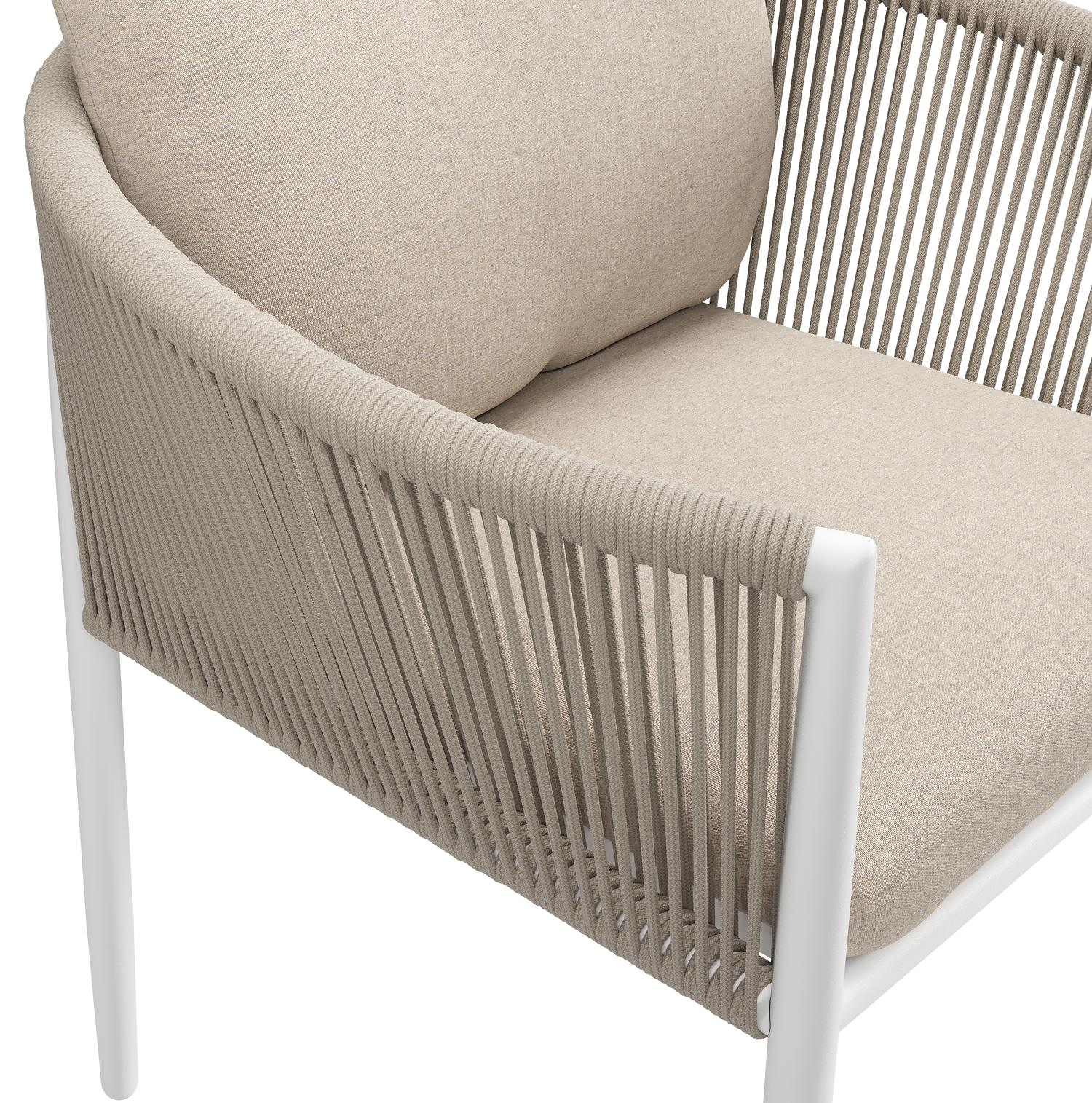 Organo tuinstoel in beige aluminium en beige verticaal geweven ronde rope met stoelkussen in All Weather Sunbrella® Luxe Heritage Ash