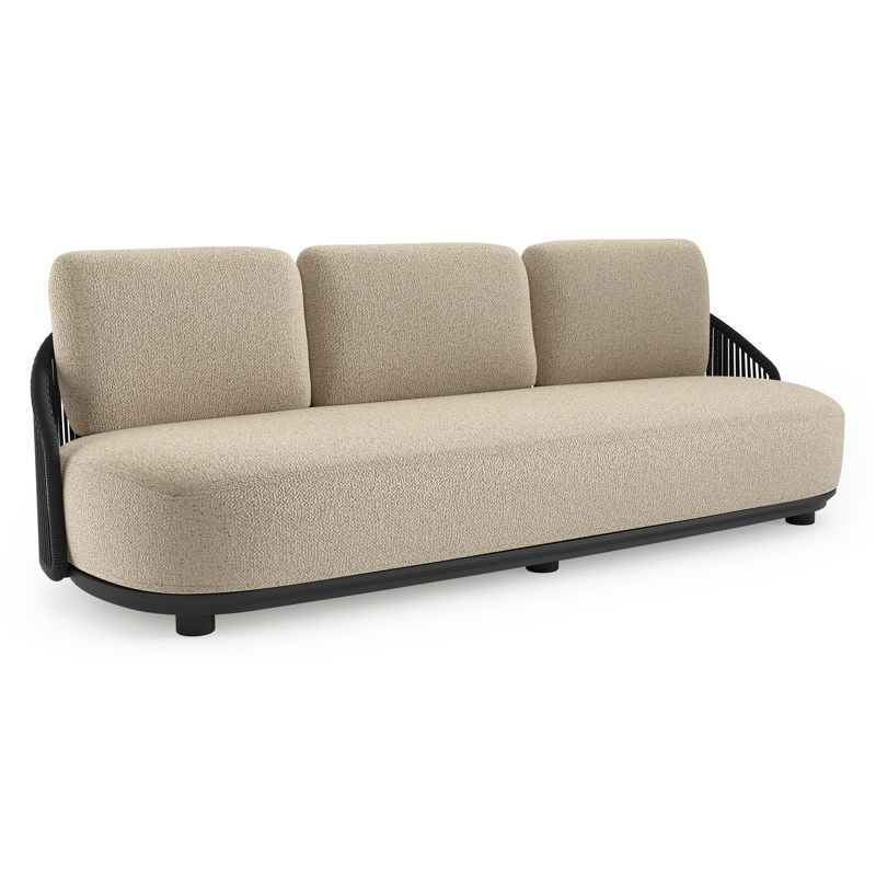 Canapé de jardin Vadelo en aluminium noir et corde ronde tissée verticalement noir et coussins en all weather cosytica bora forest