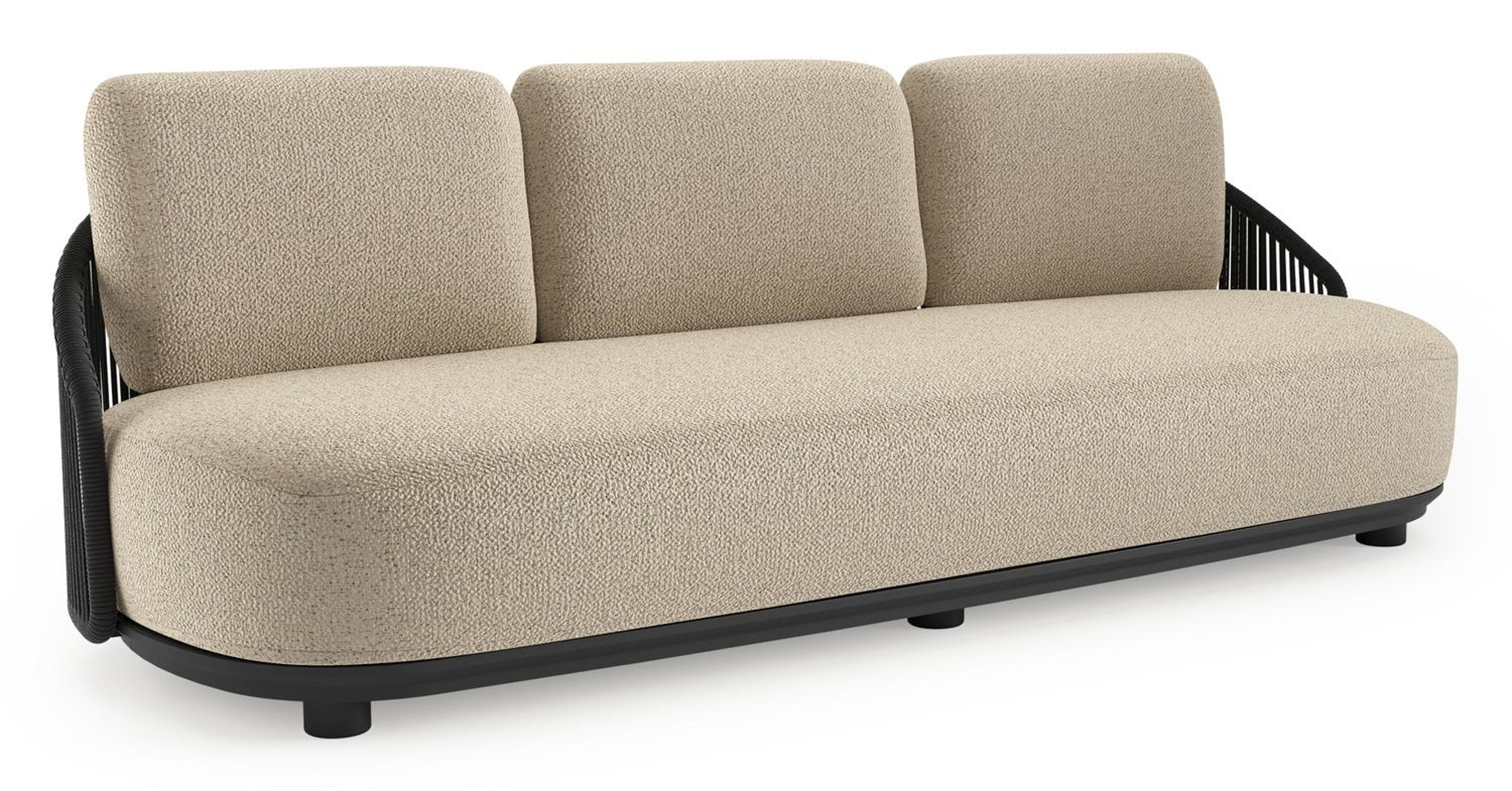 Canapé de jardin Vadelo en aluminium noir et corde ronde tissée verticalement noir et coussins en all weather cosytica bora forest