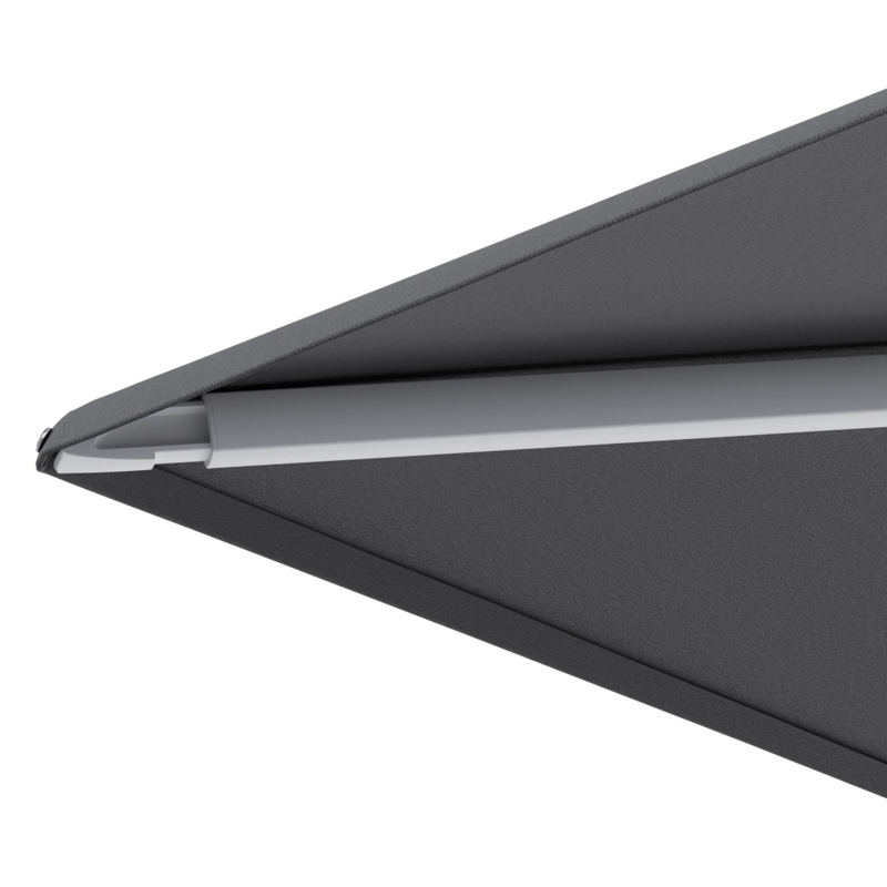 Minore zweefparasol met tiltfunctie in wit aluminium en Natte Charcoal Chine All Weather Sunbrella® Luxe parasoldoek - L1 400 x L2 300 cm met parasolvoet Minore 260 kg met wielen