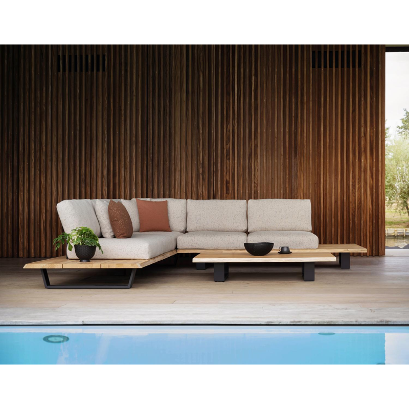 Table basse Pagino en aluminium noir et teck naturel - Lg 140 x larg. 80 x H 28 cm