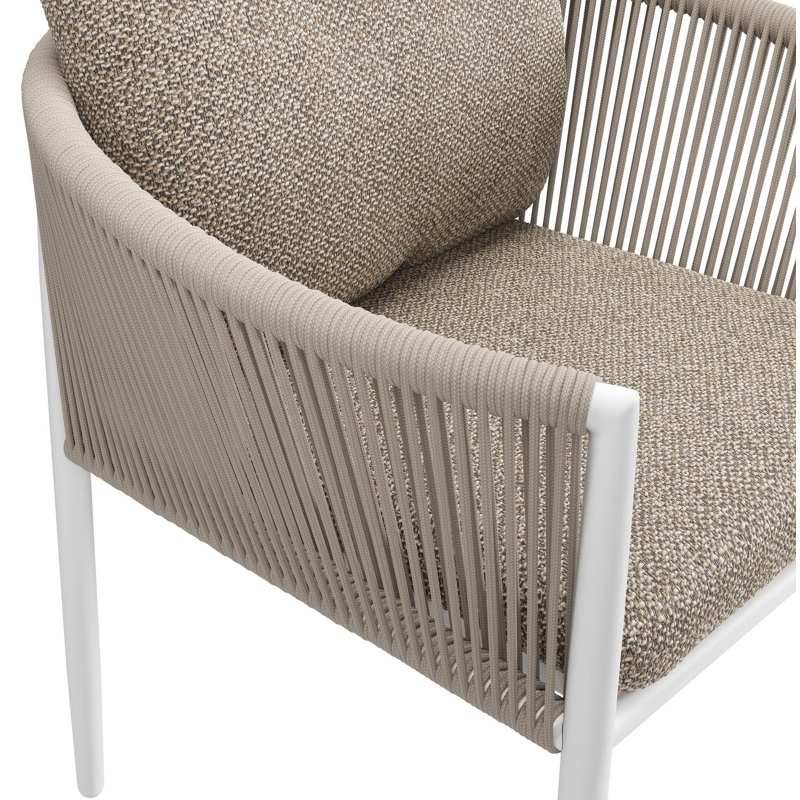 Organo tuinstoel in beige aluminium en beige verticaal geweven ronde rope met stoelkussen in All Weather Cosytica Madagascar Burch