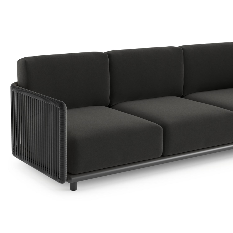 Organo loungehoek in zwart aluminium en zwart verticaal geweven luxe vlakke rope met natte sooty all weather Sunbrella® luxe kussen
