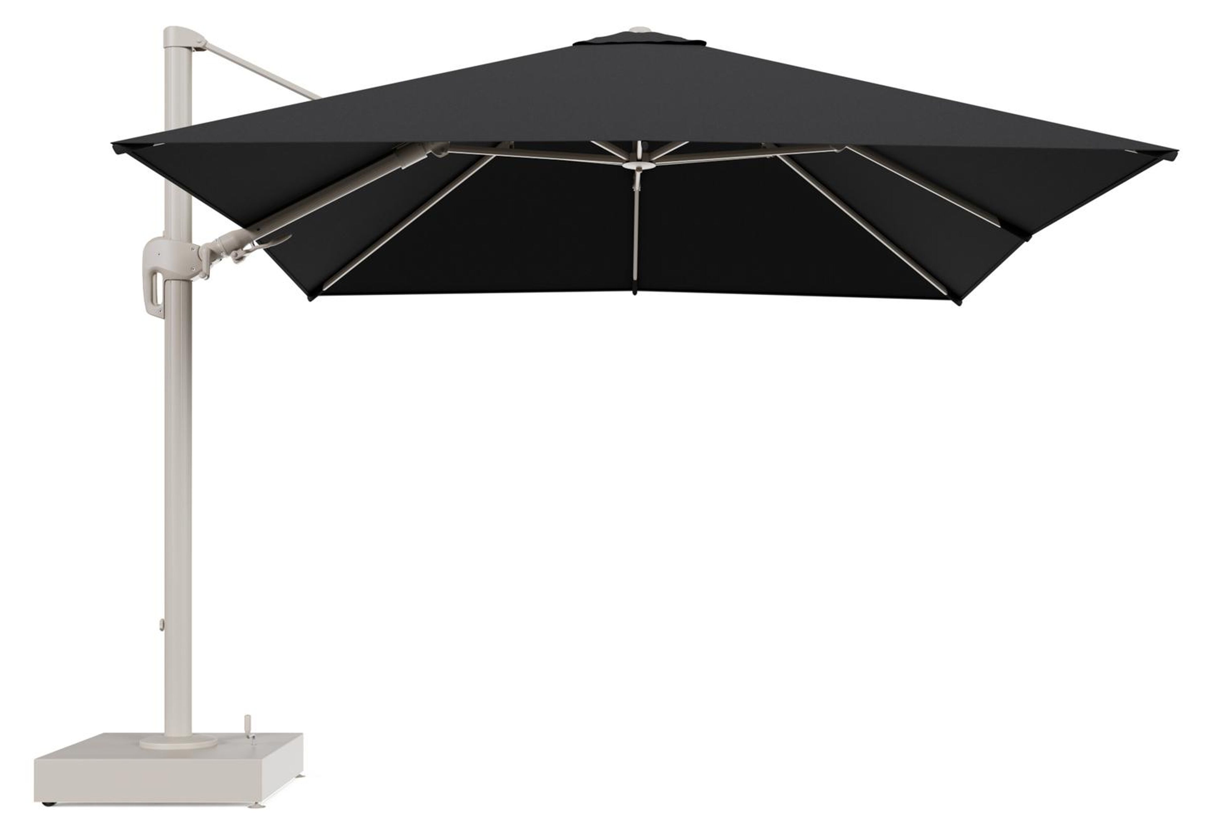Rufina zweefparasol met tiltfunctie in beige aluminium en Natte Sooty All Weather Sunbrella® Luxe parasoldoek - L1 300 x L2 300 cm met parasolvoet Minore 150 kg met wielen