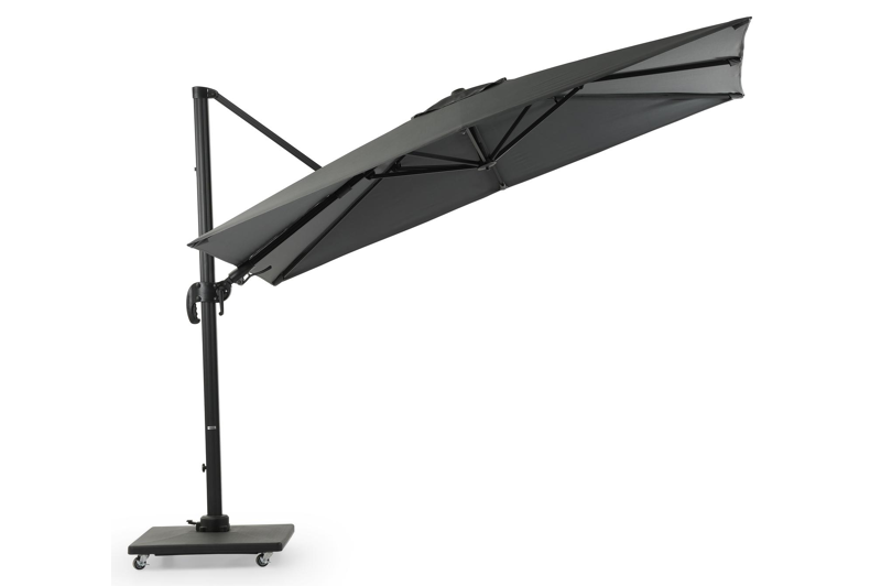 Avola zweefparasol met tiltfunctie in zwart aluminium met grijs sunbrella® premium parasoldoek - L1 200 x L2 300 cm (met voet)