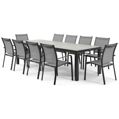 Varese tuinset in zwart aluminium en grijs volkeramiek tafelblad met 10 stapelbare Calobra tuinstoelen