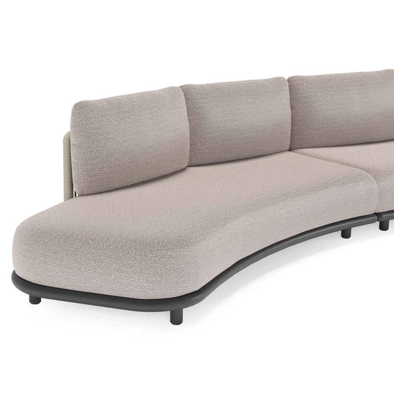 Salon de jardin d'angle Lomano en aluminium noir et corde luxe plate tissée verticalement beige et coussins en all weather sunbrella® luxe Wander Granite