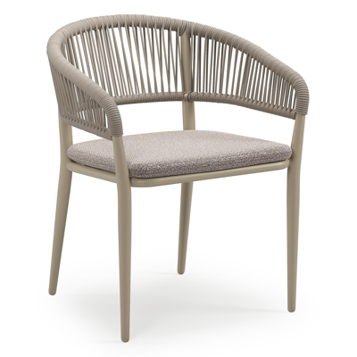 Tolfa stapelbare tuinstoel in beige aluminium en beige verticaal geweven ronde rope met stoelkussen in All Weather Sunbrella® Luxe Wander Granite